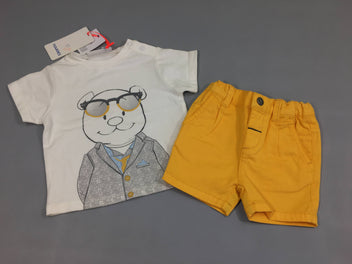 NEUF t-shirt m.c blanc ours lunettes + bermuda jaune