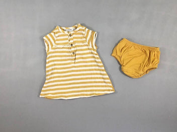 Robe m.c jersey blanc rayé jaune + bloomer