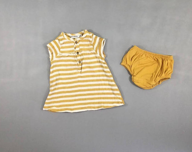 Robe m.c jersey blanc rayé jaune + bloomer, moins cher chez Petit Kiwi