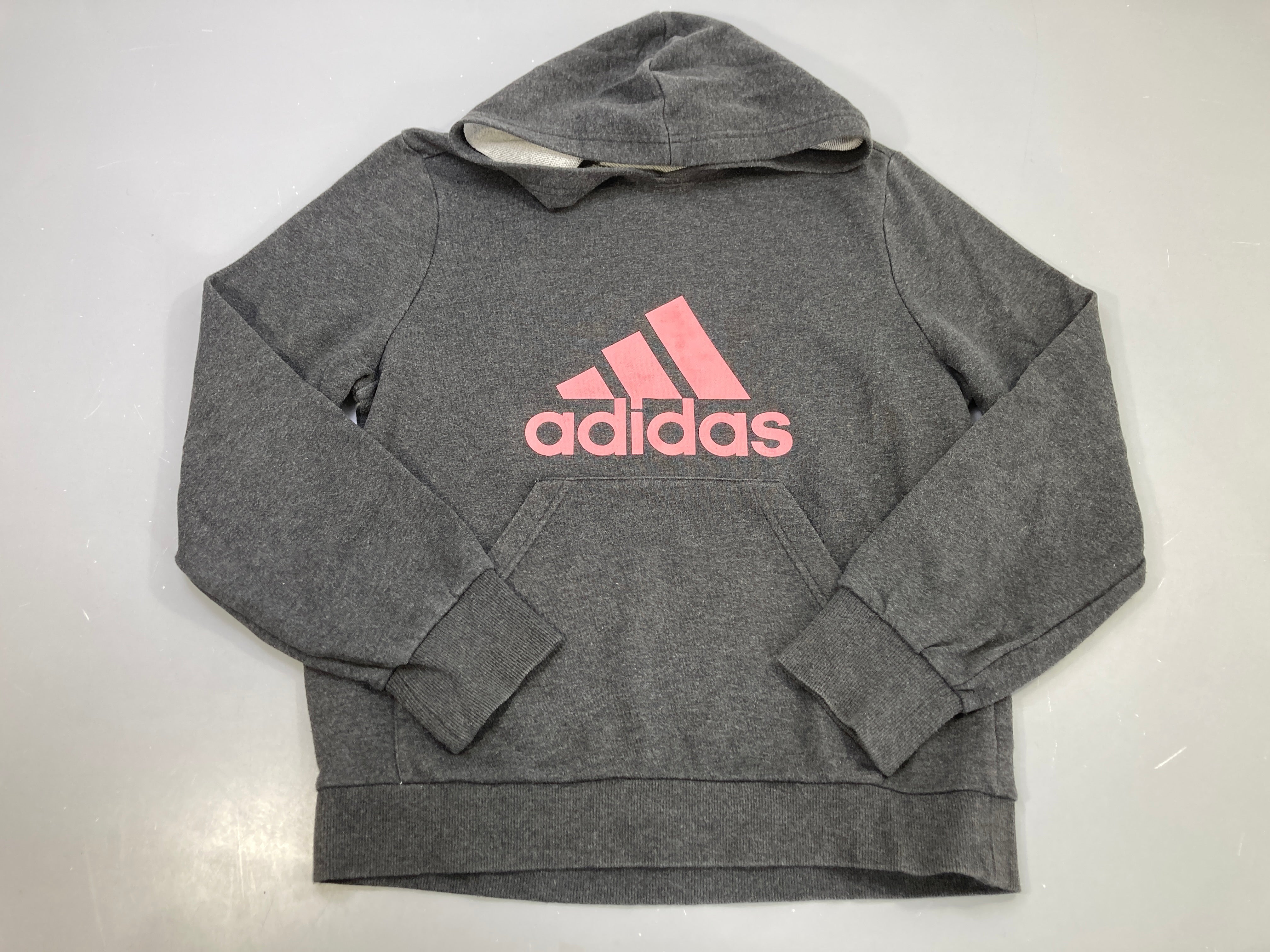 Sweat capuche gris chiné logo rose, poche kangourou
