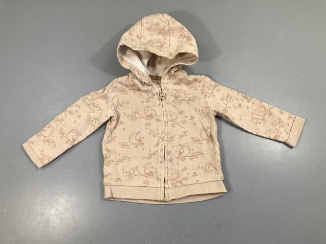 Sweat zippé beige oiseaux à capuche, moins cher chez Petit Kiwi