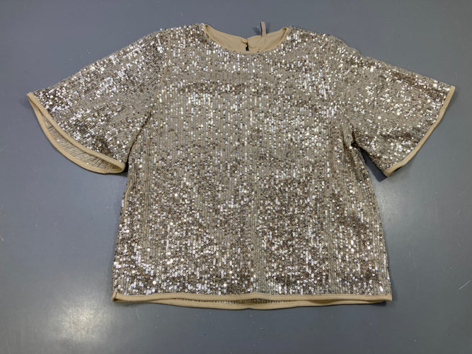 Blouse m.c beige sequins argentés, manches évasées, moins cher chez Petit Kiwi