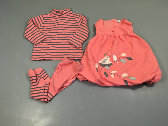 Robe boule s.m rose + T-shirt m.l col roulé rayé gris/rose + collants, moins cher chez Petit Kiwi