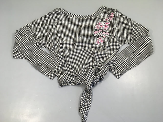 Blouse m.l carreaux noir/blanc broderies fleurs, noeud sur le devant, moins cher chez Petit Kiwi
