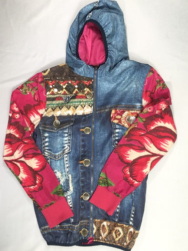 Veste coupe vent à capuche imprimé motif veste en jean manches roses sequins, moins cher chez Petit Kiwi