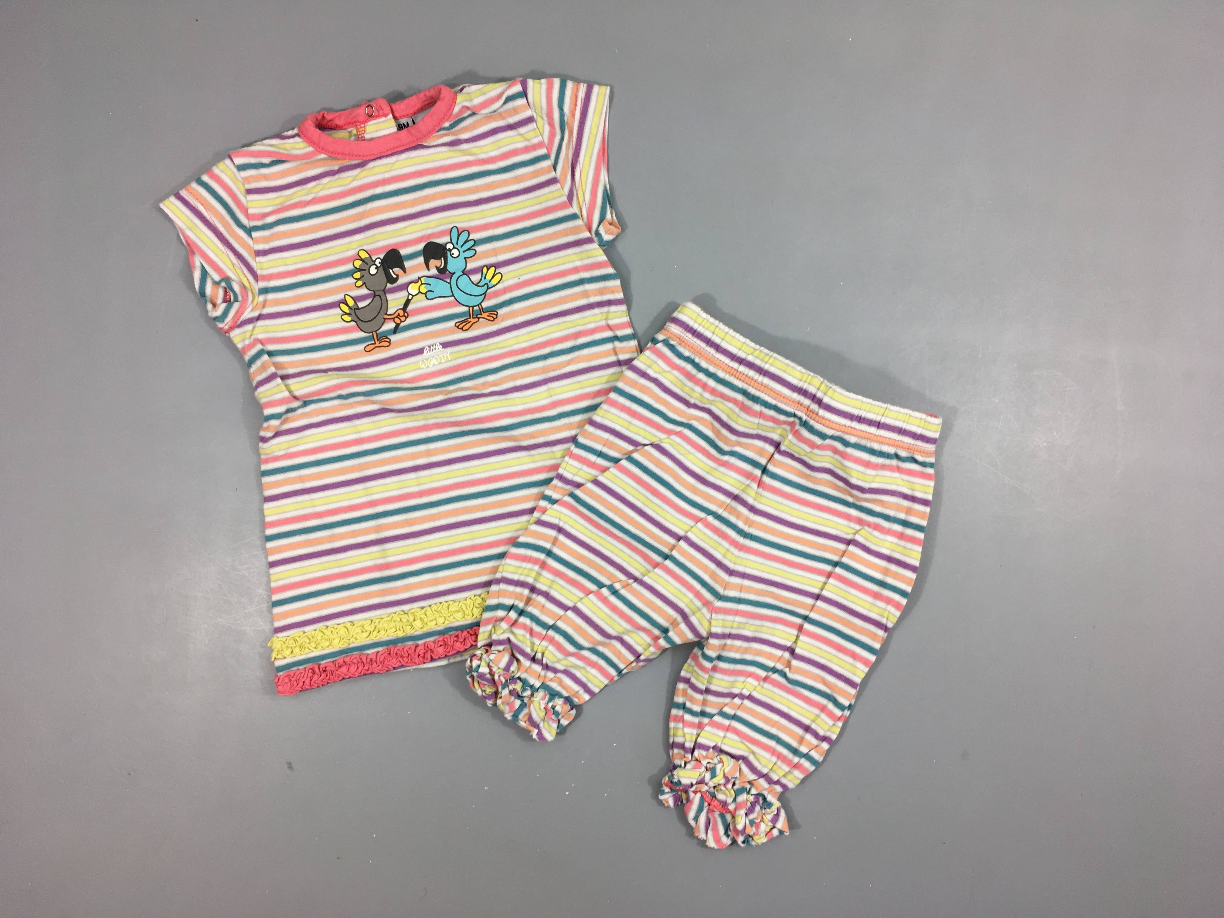 Pyjama 2pcs jersey  rayé multicolore , 2 perroquets  100% coton