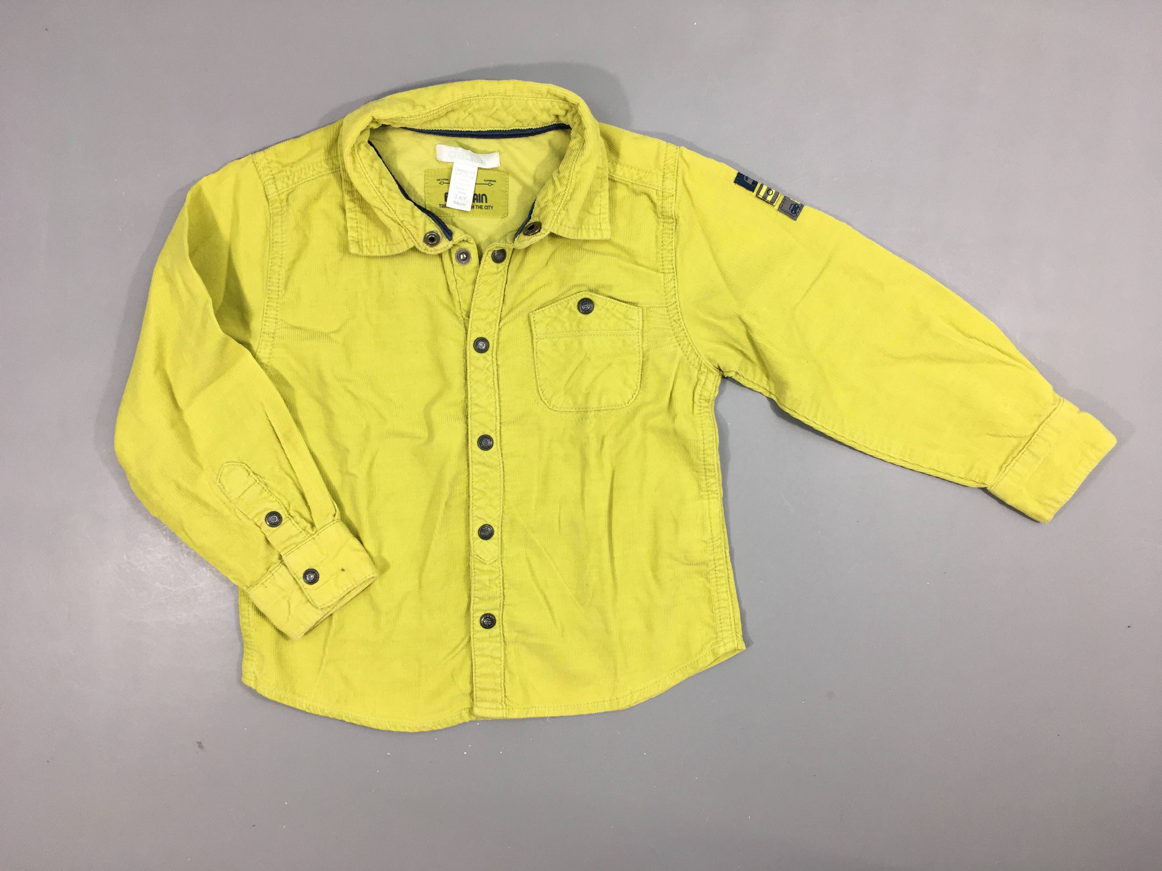 Chemise m.l velours côtelé jaune  anis 100% coton