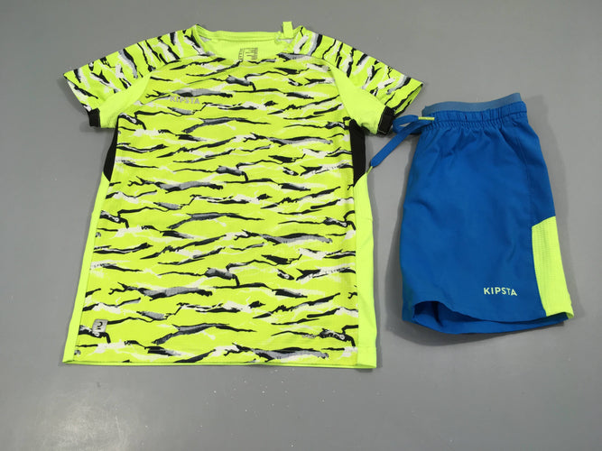 T-shirt m.c de sport jaune néon motifs + short bleu, moins cher chez Petit Kiwi