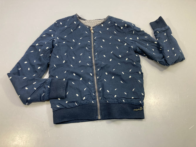 Gilet zippé réversible  bleu marine feuilles blanches/ peluche gris légèrement bouloché,  pas de taille indiquée, estimée 6a, moins cher chez Petit Kiwi