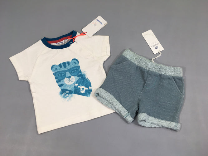 NEUF t-shirt m.c blanc tigre skate + bermuda molleton bleu chiné revers, moins cher chez Petit Kiwi