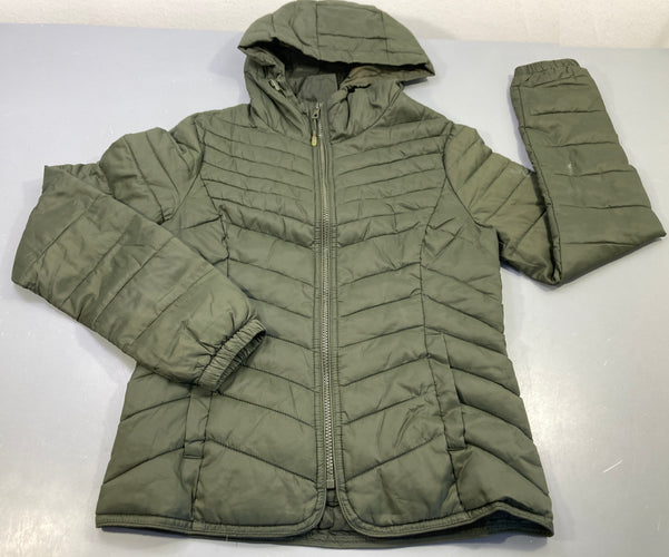 Veste zippée à capuche  kaki matelassé , tachée, à relaver, moins cher chez Petit Kiwi