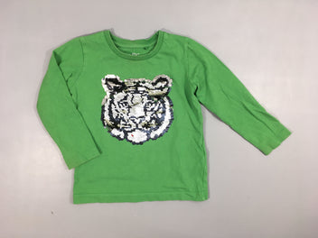T-shirt m.l vert, tête de tigre en sequins réversibles  100% coton
