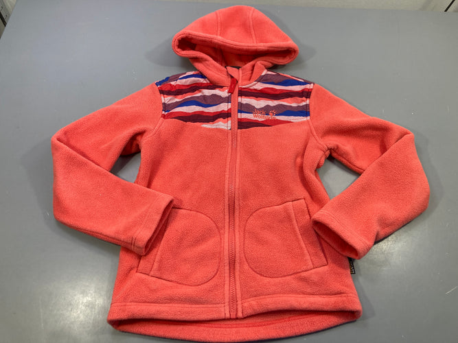 Polar zippé à capuche  corail  motifs ondulés sur le dessus noir, bleu, rouge,... Jack Wolfskin, moins cher chez Petit Kiwi