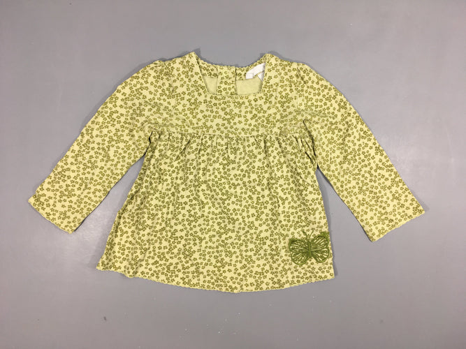 Robe m.l   jaune pâle, fleurs vertes. Broderie papillon. 100% coton, moins cher chez Petit Kiwi
