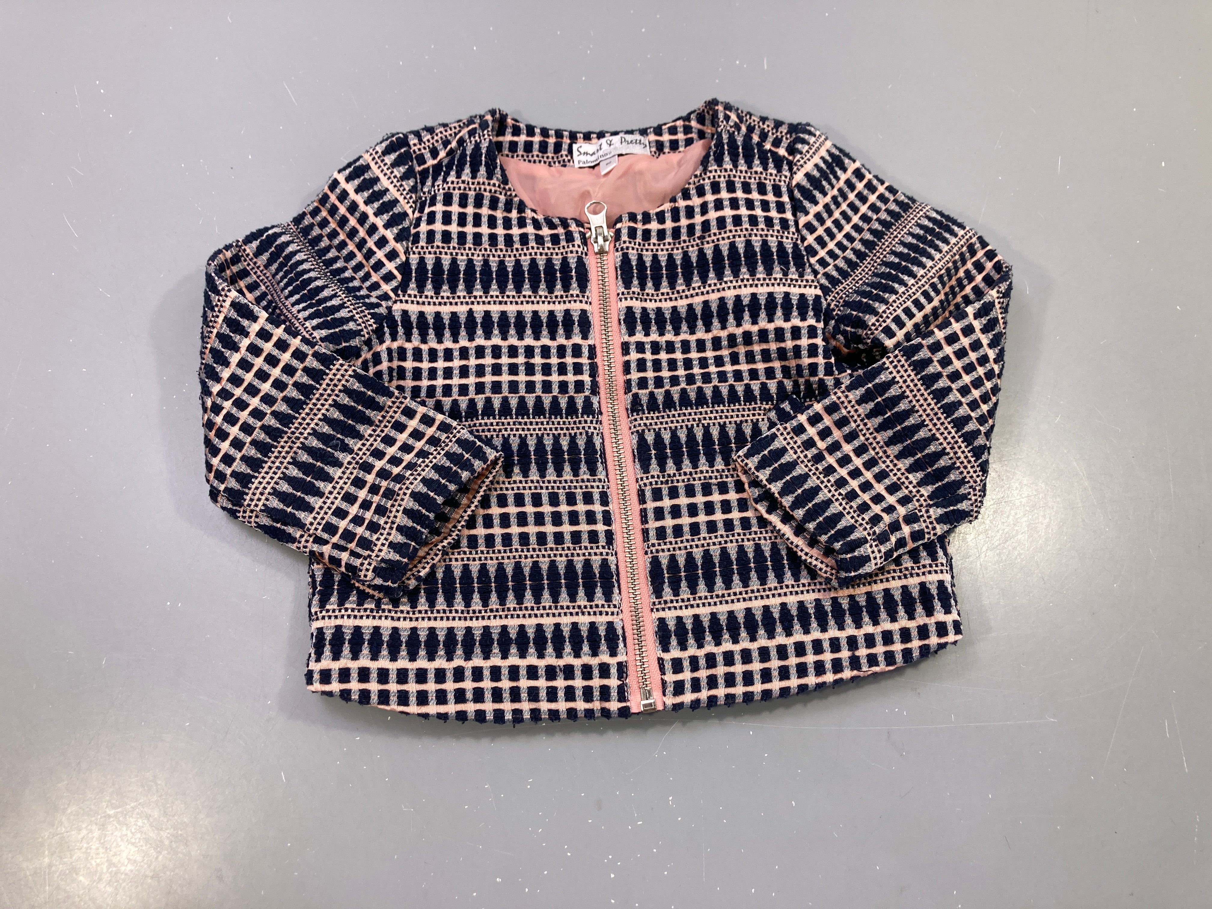 Blaser zippé bleu marine et rose tissage relief, doublée, Smart & Pretty