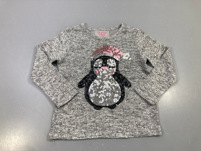 Pull léger gris chiné pingouin sequins bonnet rose, moins cher chez Petit Kiwi