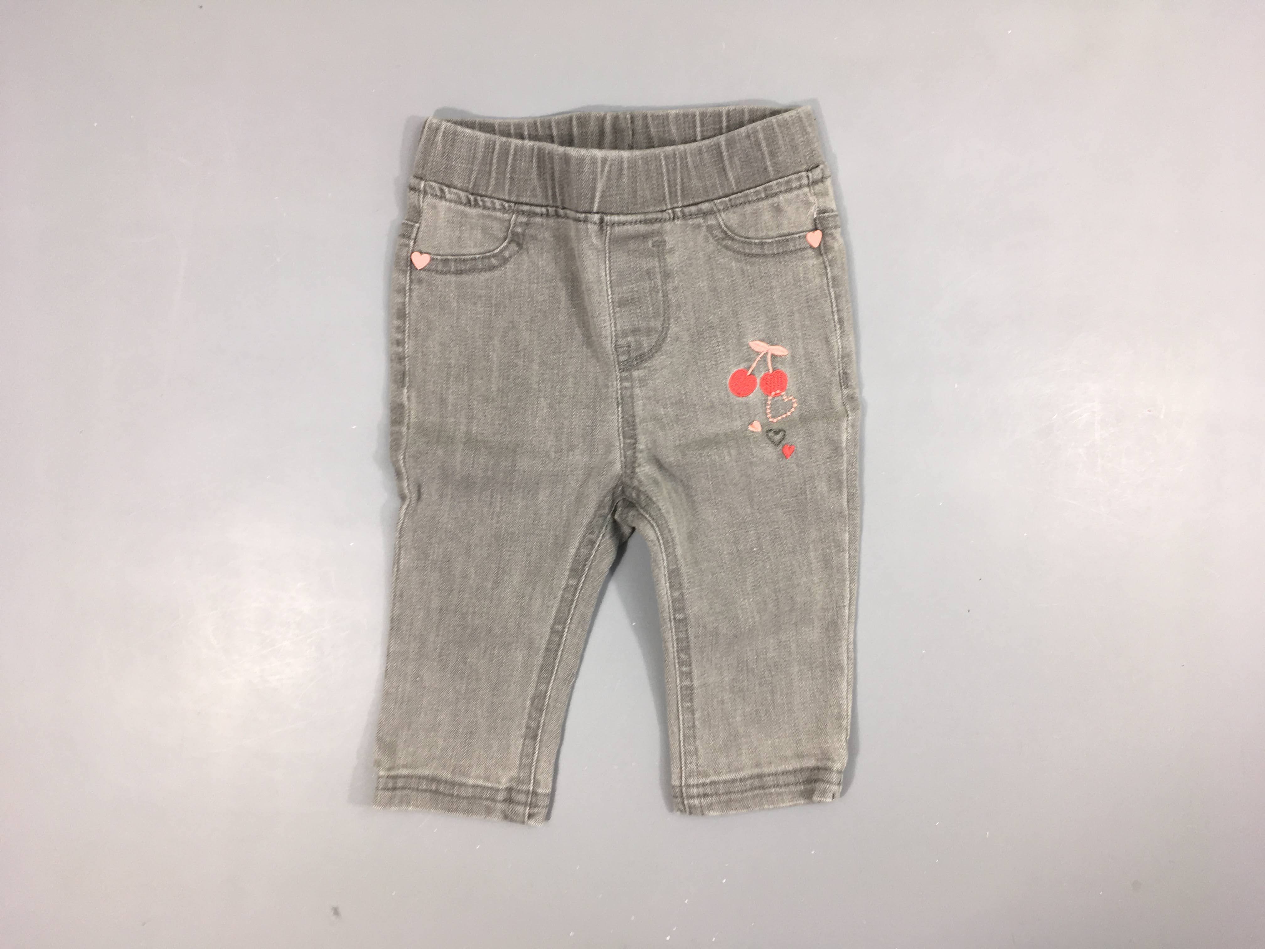 Jegging gris clair broderie coeurs, cerise 98% coton 2% élasthanne