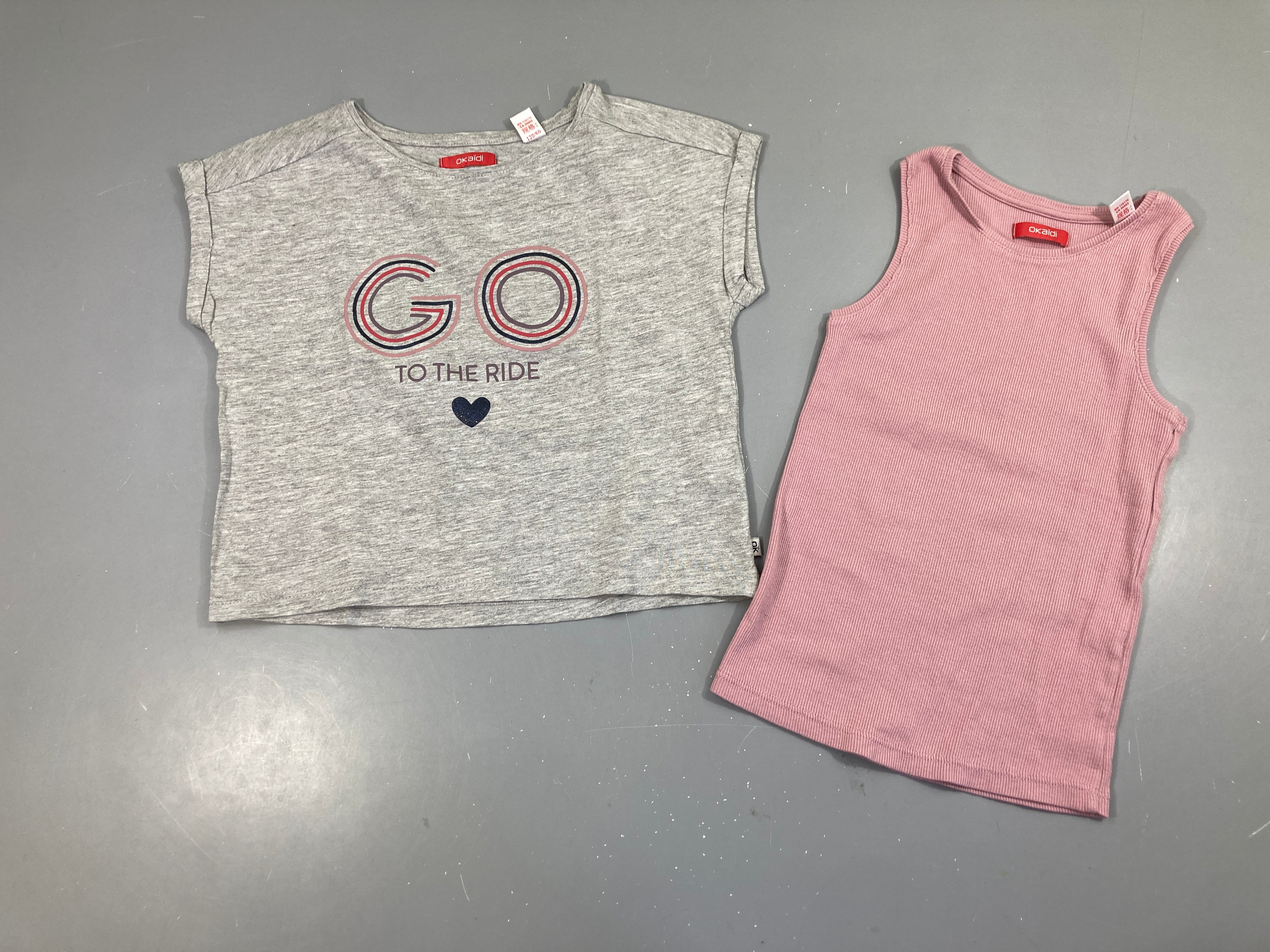 T-shirt m.c gris go + débardeur côtelé mauve