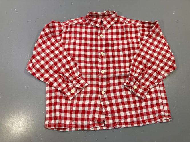 Chemise m.l rouge et blanche à carreaux flanelle, poche poitrine, légèrement bouloché, moins cher chez Petit Kiwi