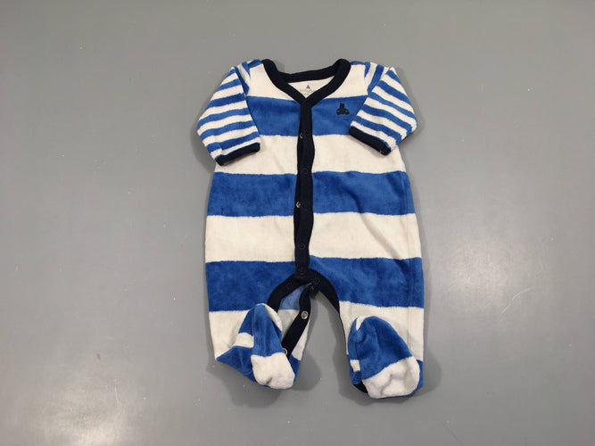 Pyjama velours bleu rayé blanc, moins cher chez Petit Kiwi