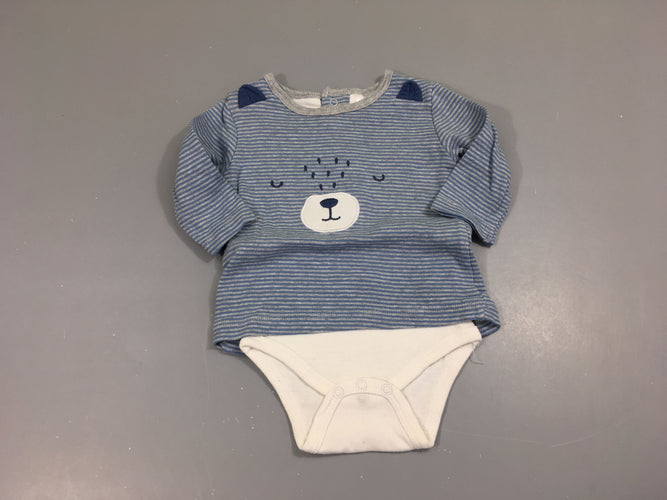 T-shirt m.c gris rayé bleu ourson avec body ml blanc intégré, moins cher chez Petit Kiwi