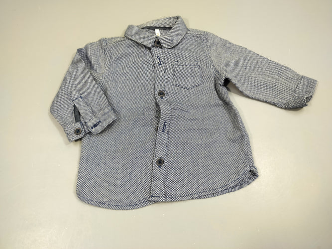 Chemise m.l bleu marine chiné blanc texturé , pas de taille indiquée, estimée 12m, moins cher chez Petit Kiwi
