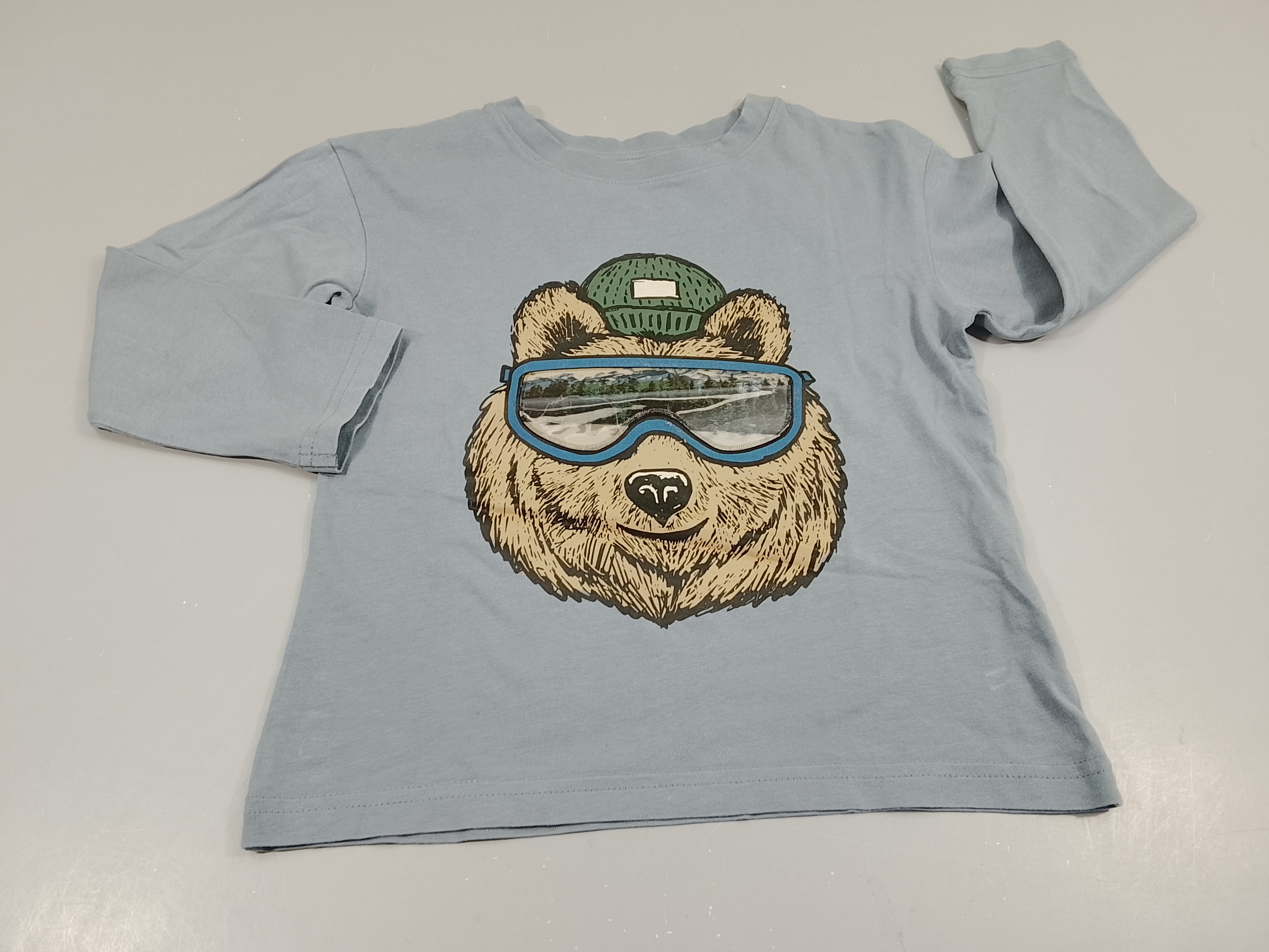 T-shirt m.l bleu, tête d'ours avec lunettes de ski