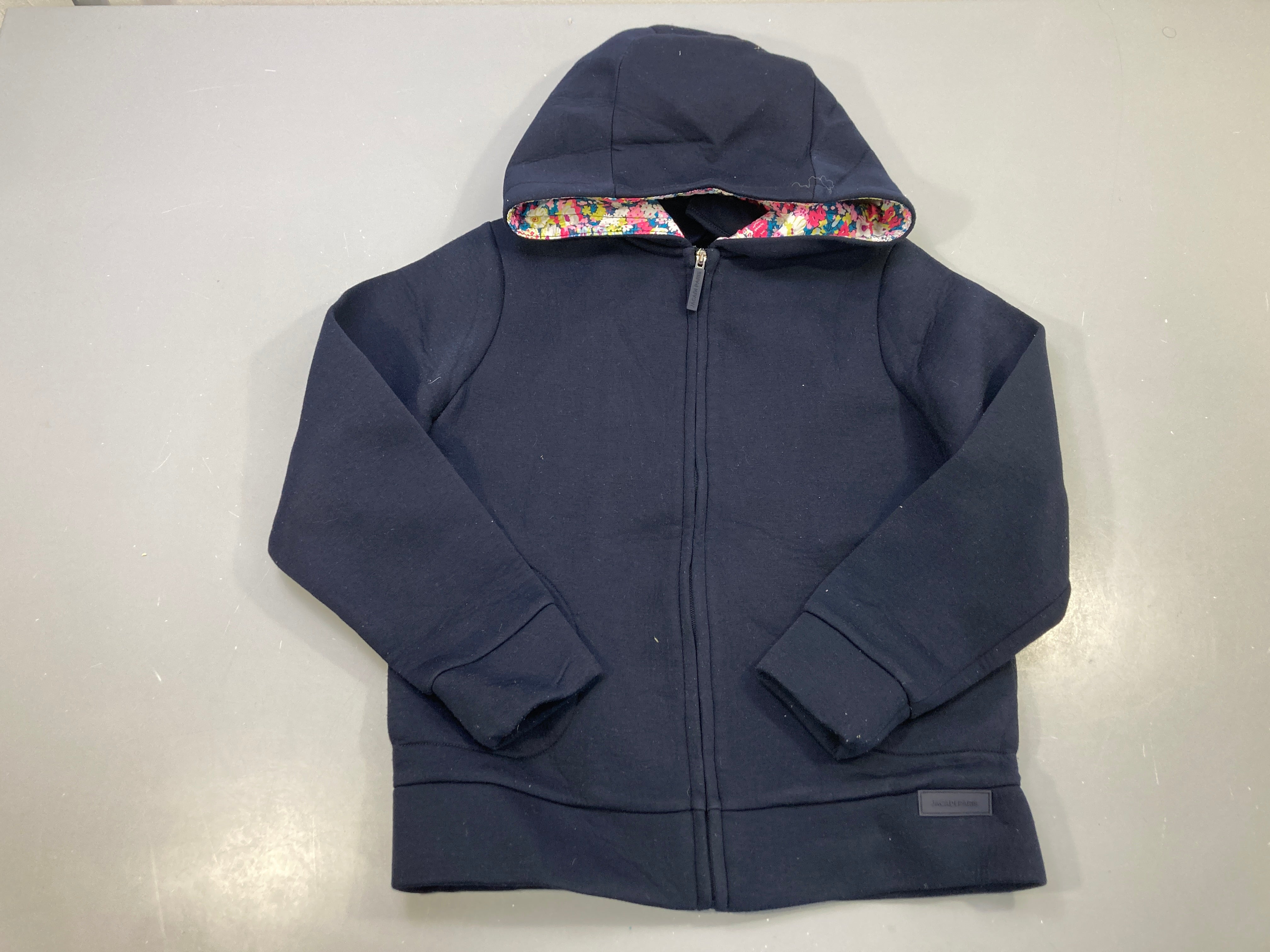Sweat zippé capuche bleu marine molleton, doublure capuche fleurie