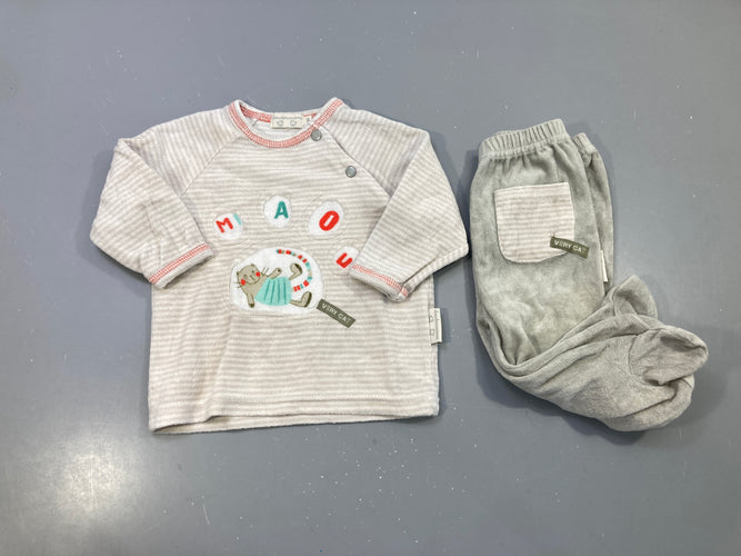 Pyjama 2pcs velours gris rayé chat « Miaou », pantalon à pieds, Doudoussimo, moins cher chez Petit Kiwi