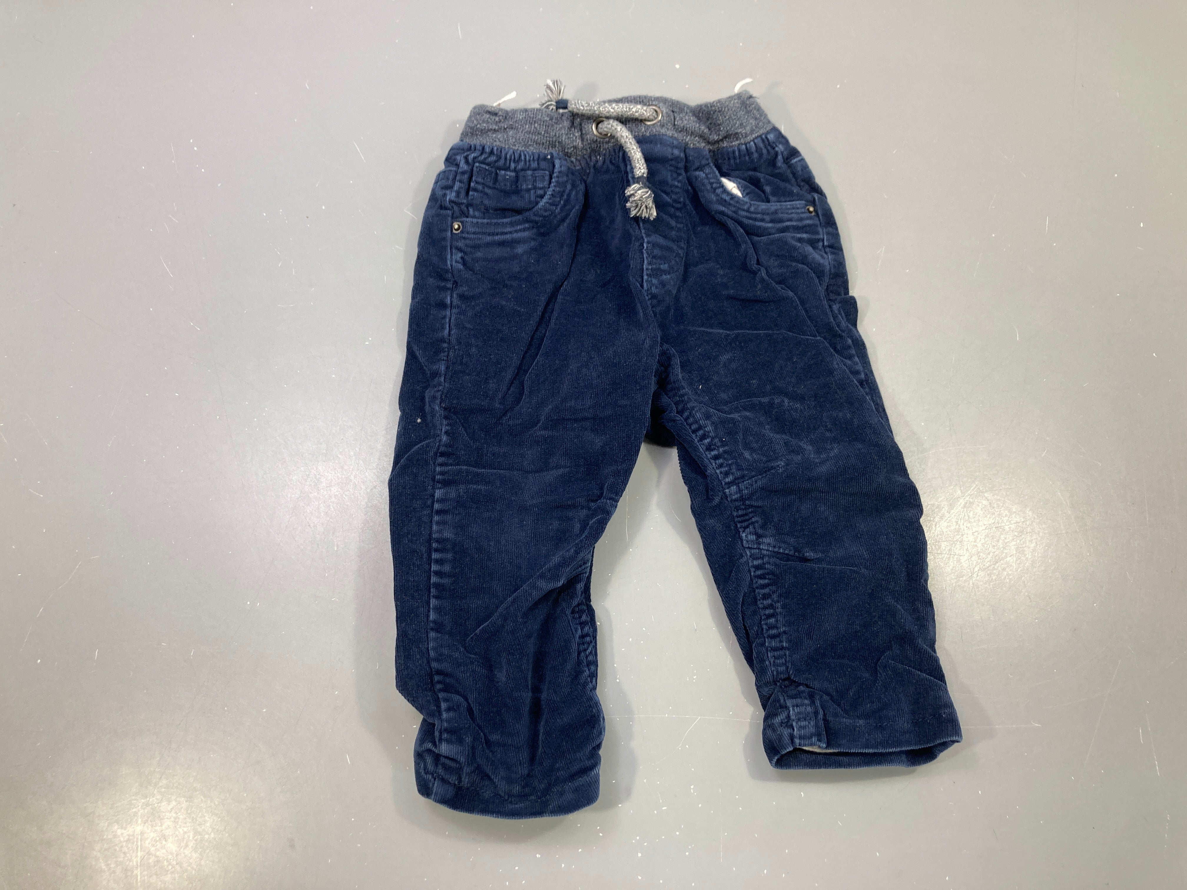 Pantalon velours côtelé bleu marine, taille bord-côte grise à cordon Doublé jersey