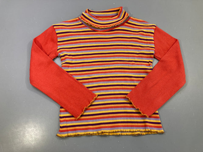 T-shirt m.l col roulé rouille rayé jaune violet lilas côtelé, bords ondulés, moins cher chez Petit Kiwi