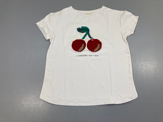 T-shirt m.c blanc cerises sequins réversibles, légèrement bouloché, moins cher chez Petit Kiwi