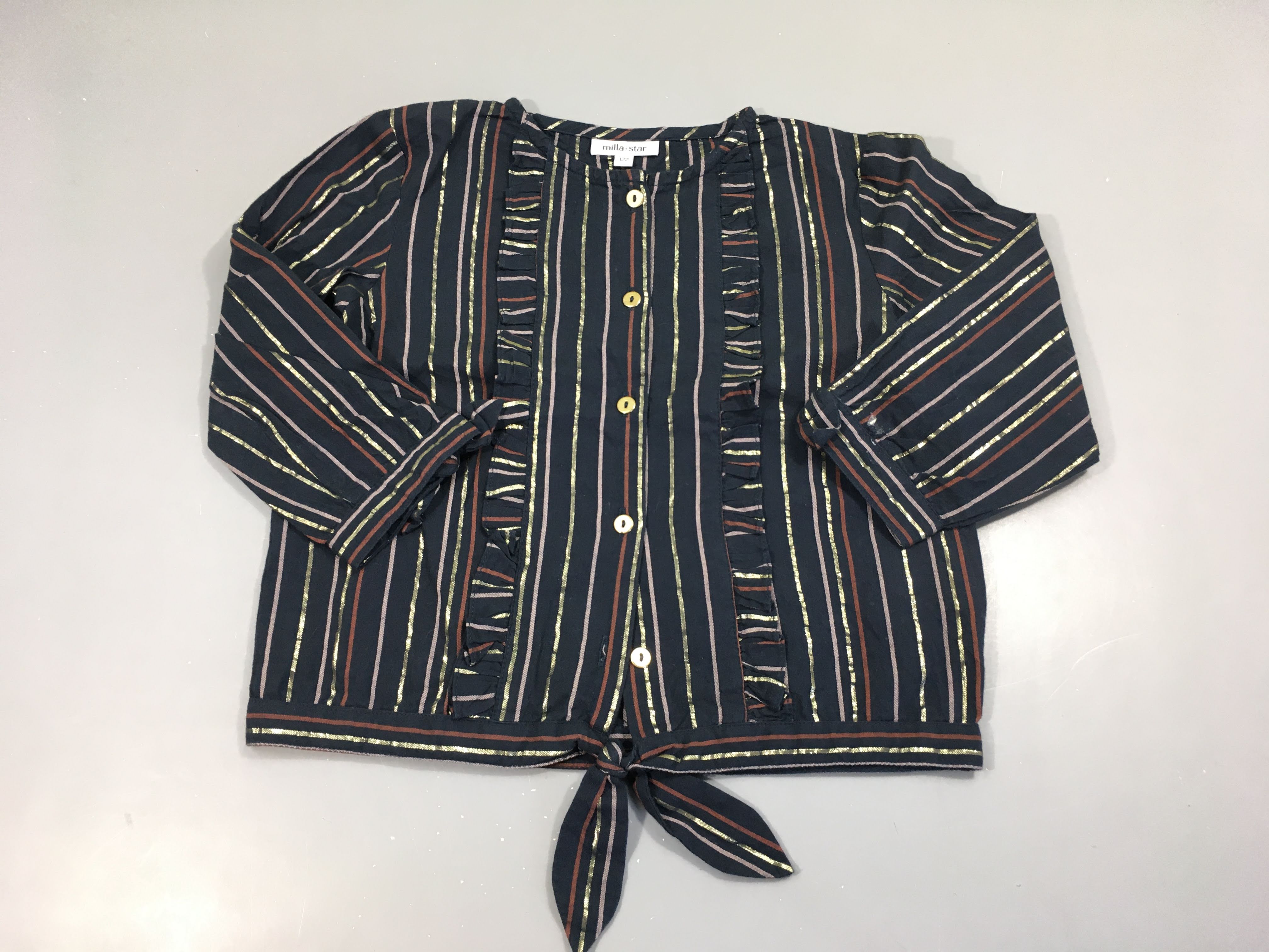 Blouse ml bleu foncé froufrou ligné doré-rouge