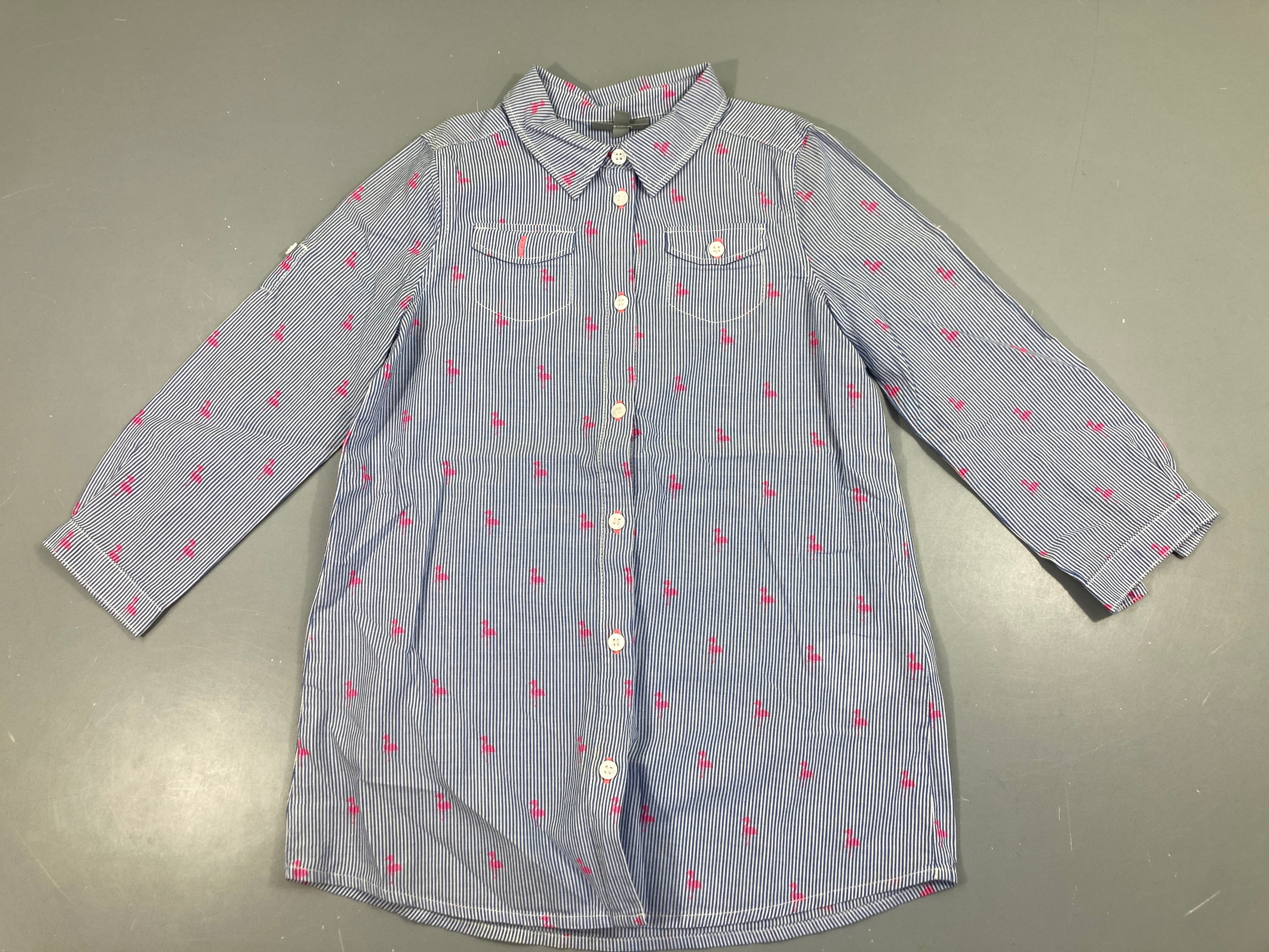 Robe m.l chemise légère rayé blanc/bleu flamants roses
