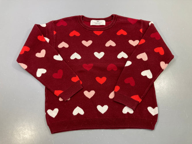 Pull maille bordeaux cœurs rouges roses et blancs, légèrement bouloché, moins cher chez Petit Kiwi