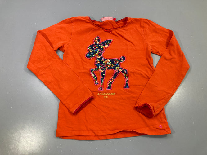 T-shirt m.l orange faon fleuri appliqué, bords picot, petit nœud, moins cher chez Petit Kiwi