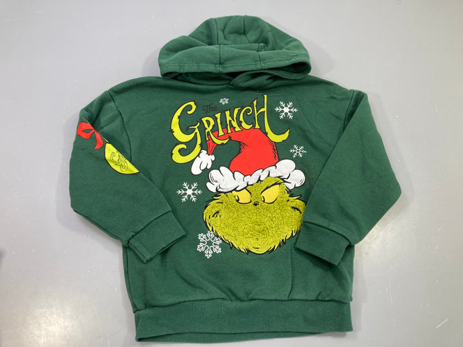 Sweat capuche vert sapin « The Grinch » Noël, visage bouclette en relief, légèrement bouloché, moins cher chez Petit Kiwi