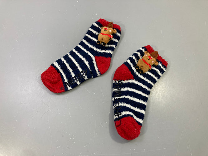 Chaussettes hiver rayées bleu marine blanc rouge renne 3D « Merrayé Christmas », antidérapantes, moins cher chez Petit Kiwi