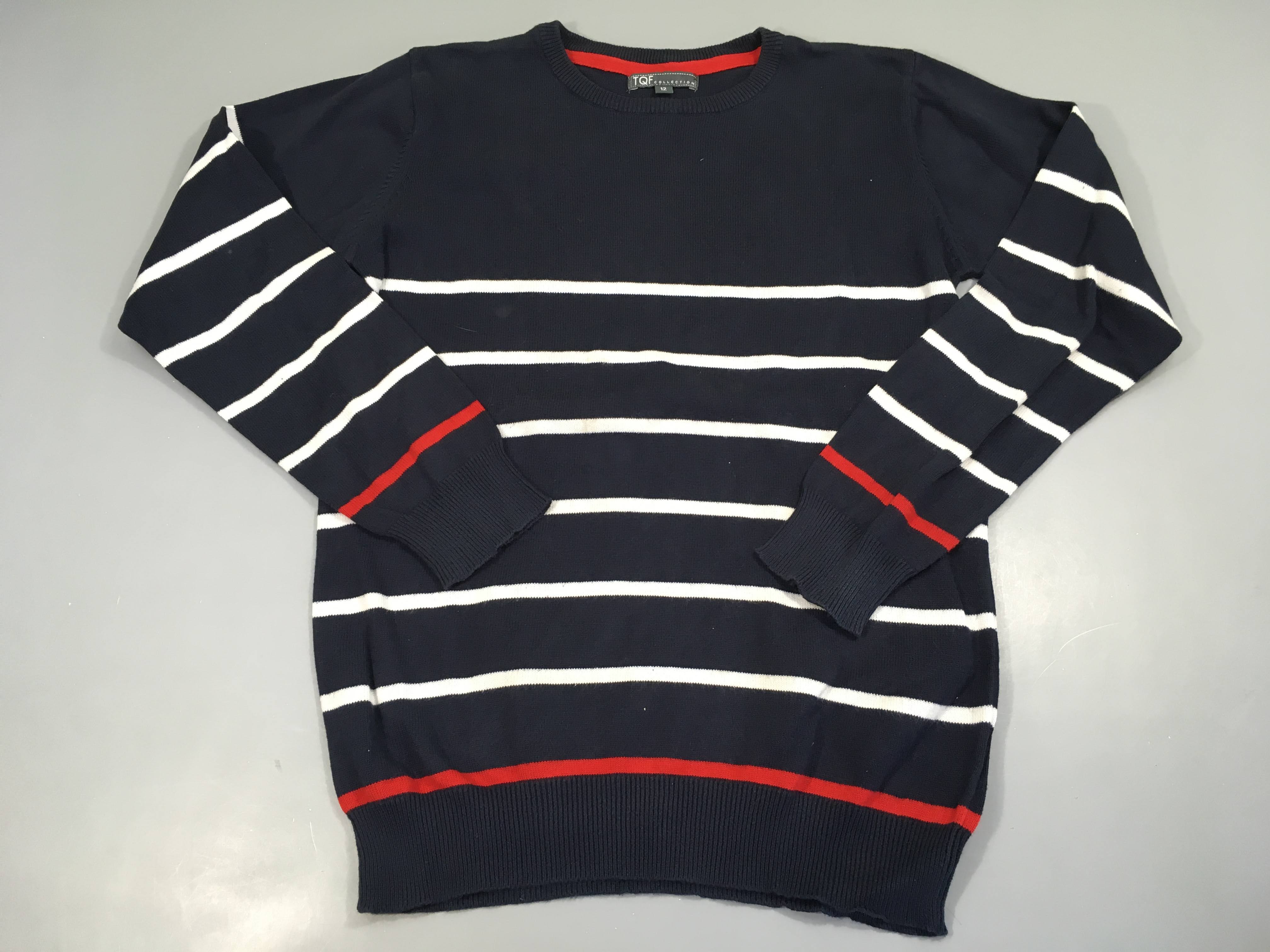 Pull bleu marine rayé blanc-rouge