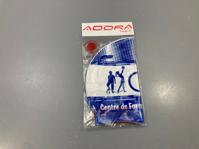 Bonnet de bain silicone blanc et bleu, neuf sous emballage, Adora, moins cher chez Petit Kiwi