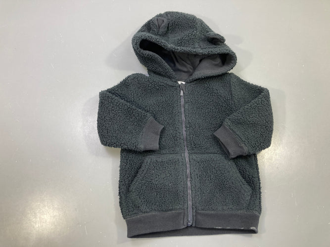 Polar zippé noire sherpa capuche oreilles, poches, moins cher chez Petit Kiwi
