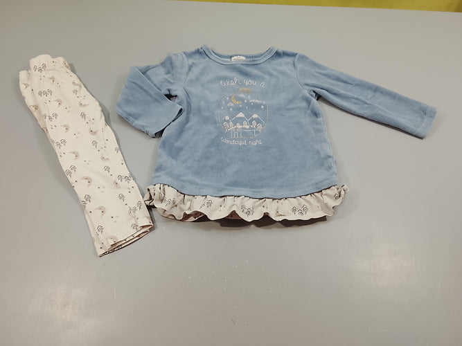 Pyjama velours- jersey  bleu et blanc paysage de noël  "wish you ...", motifs lunes pailletées, moins cher chez Petit Kiwi