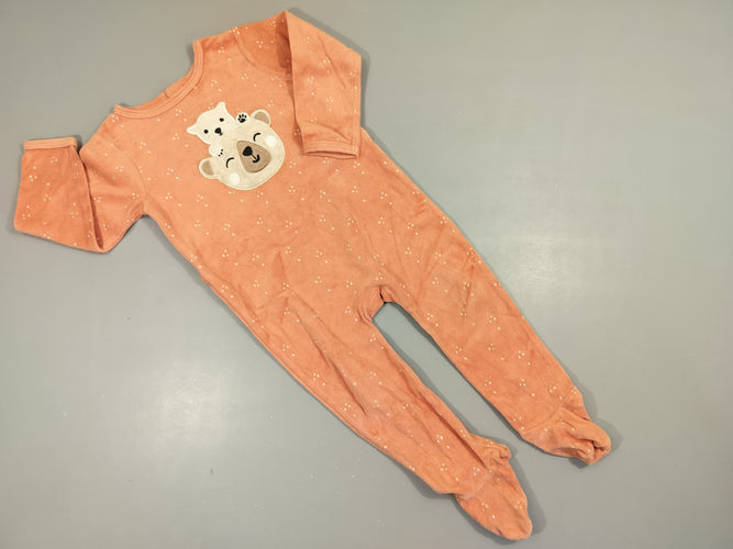 Pyjama velours saumon, oursons blancs, moins cher chez Petit Kiwi