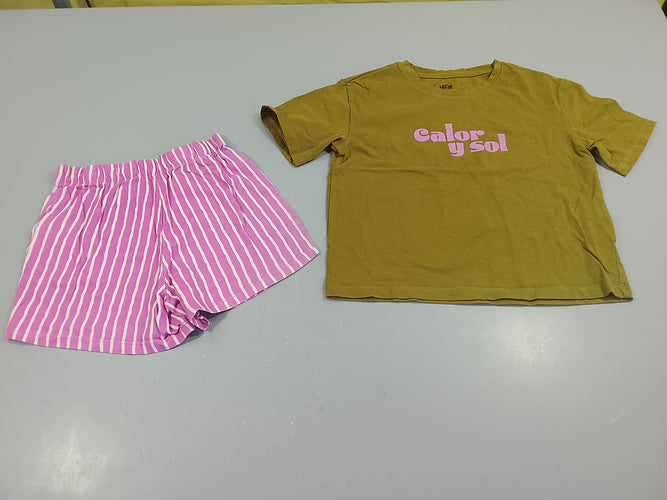 Pyjama 2pcs jersey T-shirt m.c  kaki  "calor y sol"  + Short rose rayé blanc, moins cher chez Petit Kiwi