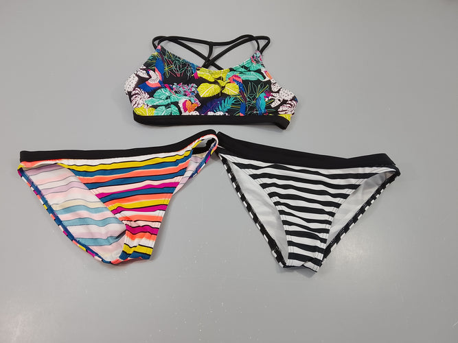 Ensemble bikini 2 dessous 1 rayé noir  et 1 rayé multicolore + 1 haut bleu marine motifs tropicaux, moins cher chez Petit Kiwi