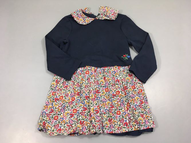 Robe m.l bi-matière bleu foncé col manches et  bas fleuri, moins cher chez Petit Kiwi
