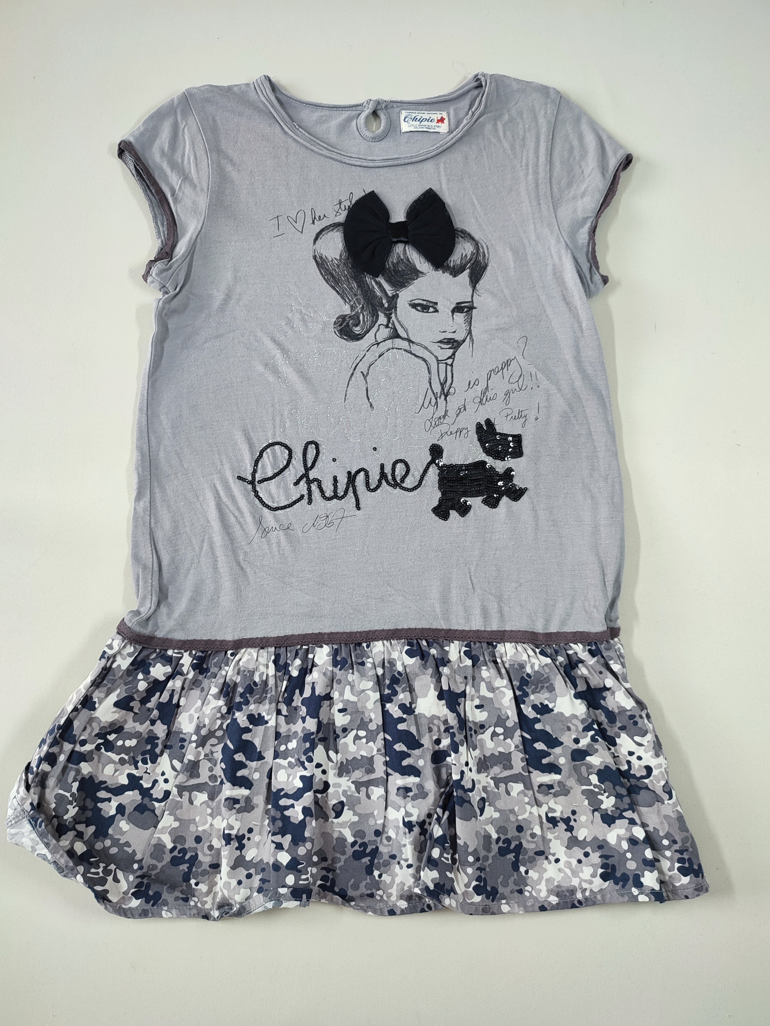 Robe m.c bi-matière jersey/coton grise fille avec noeud tulle noir 