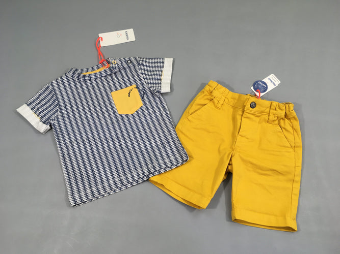 NEUF t-shirt m.c bleu poissons + bermuda chino jaune moutarde, moins cher chez Petit Kiwi