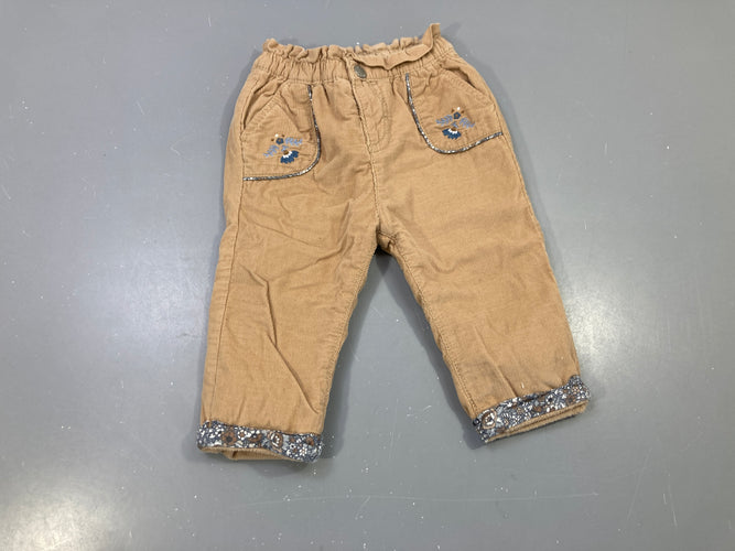 Pantalon camel velours côtelé doublé, poches brodées fleurs, revers fleuris, moins cher chez Petit Kiwi