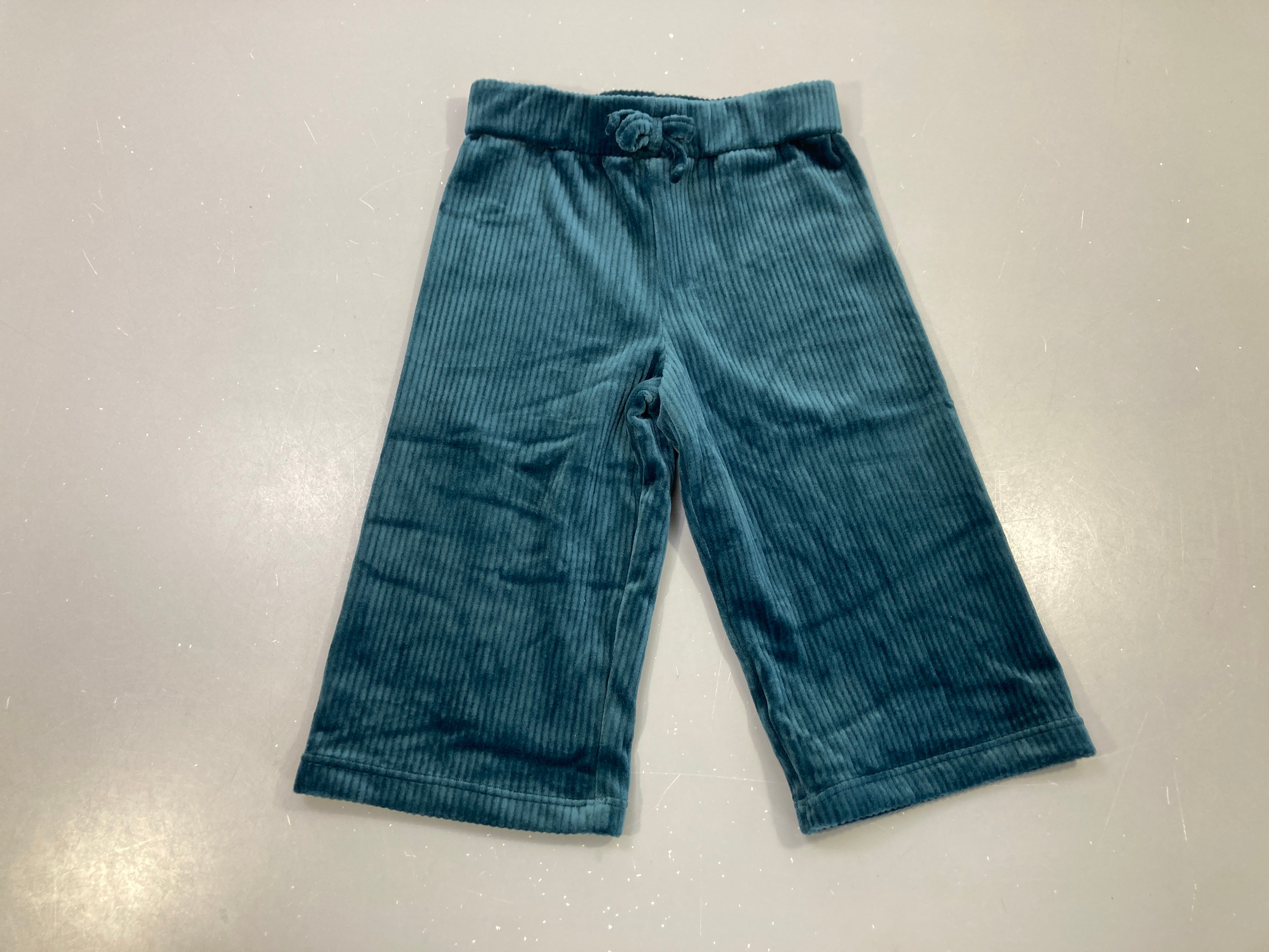 Pantalon large bleu canard velours côtelé, nœud taille